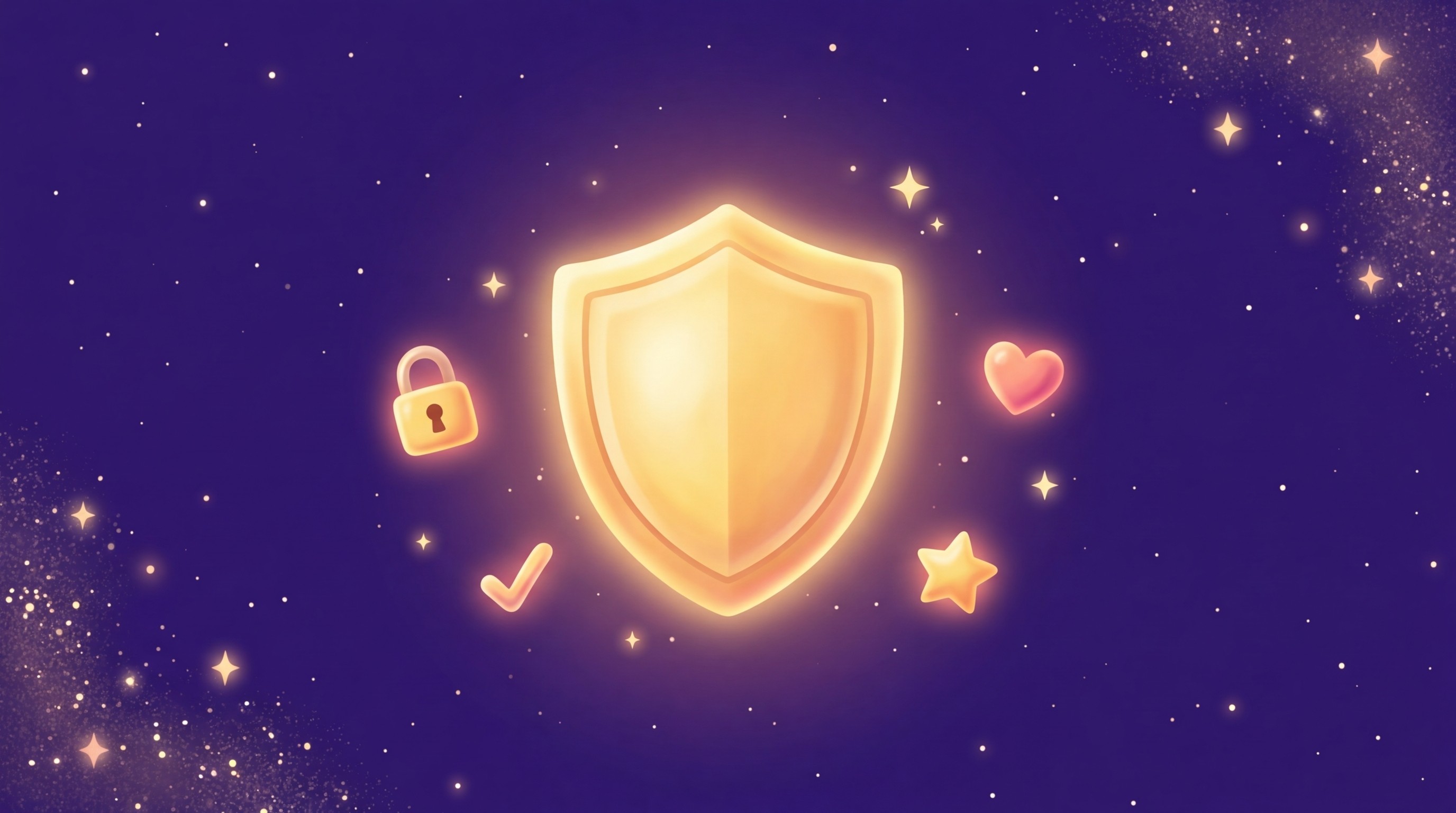 Digital safety shield for children's apps with padlock, checkmark, heart, and star icons