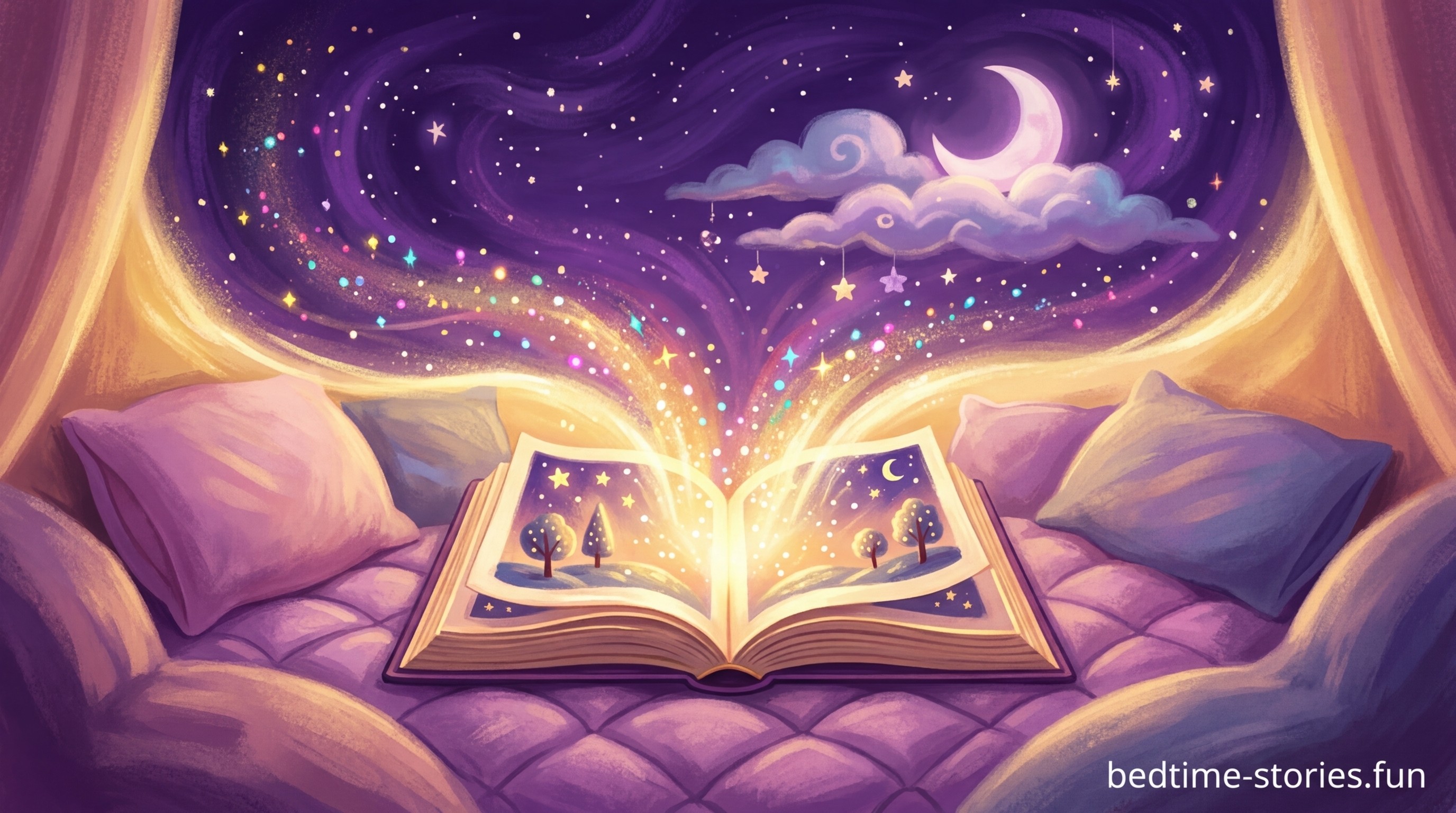 Magical open storybook with golden light, stars, and a crescent moon in a purple night sky, bedtime storytelling illustration